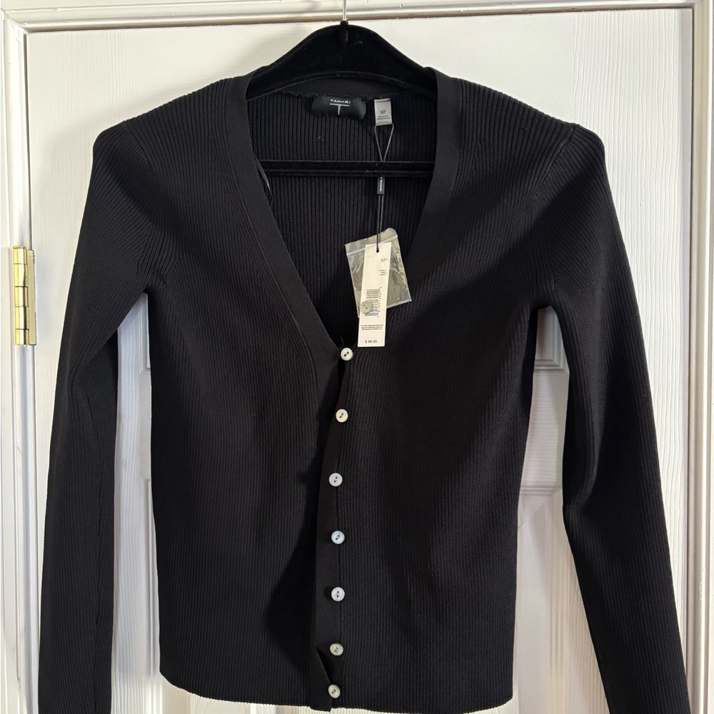 Tahari Black Ribbed Cardigan Sweater